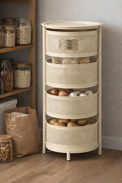 MİS KİTCHEN 4 Katlı Krem Metal Sebzelik Organizer Mutfak Banyo Çok Amaçlı Düz...