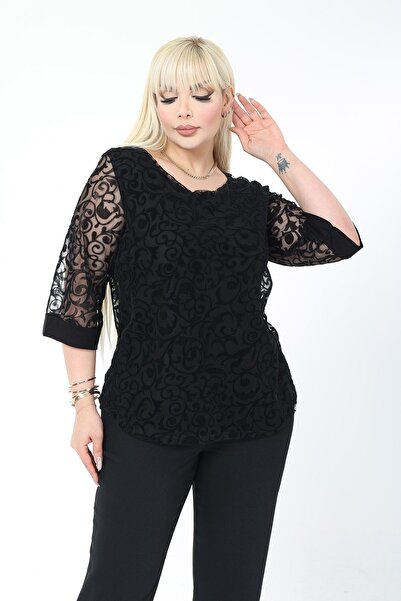 modayız Μαύρη ελαστική μπλούζα με επένδυση σε μεγάλο μέγεθος 37C-2780