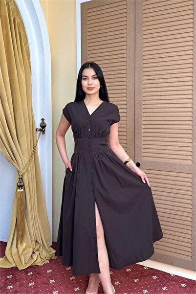 Neşeli Butik Γυναικείο καφέ φόρεμα με θηλυκή εφαρμογή, λεπτομέρεια στη μέση κ...