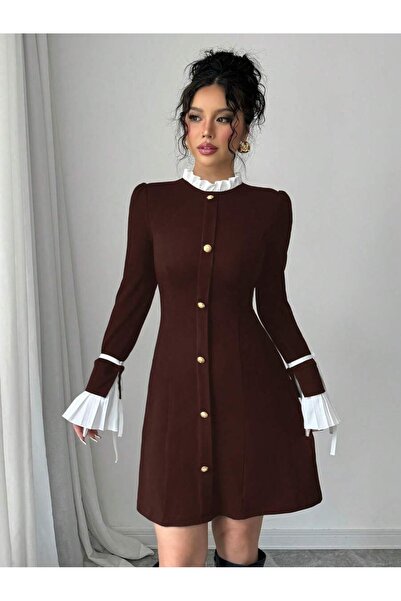 Iuliashop Rochie scurtă maro Melen cu manșete albe - M