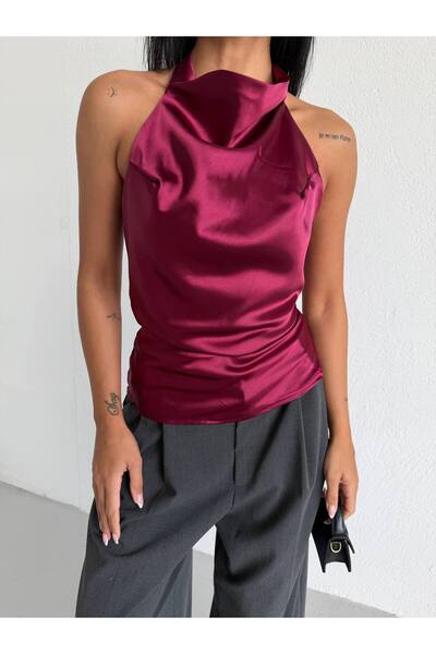 QUTTA Γυναικεία μπλούζα σατέν σε μπορντό χρώμα με ψηλό λαιμό και αμάνικο σχέδιο