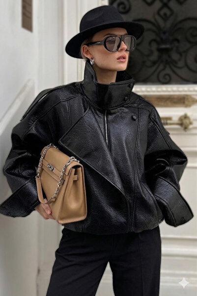 Jaglion New Season Oversize Zr High Collar Women's Leather Jacket