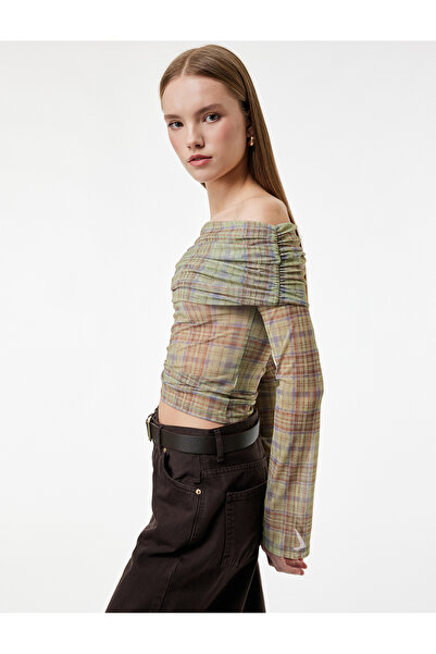 Koton Μακρυμάνικο καρό μπλουζάκι με λεπτή εφαρμογή και ανοιχτούς ώμους