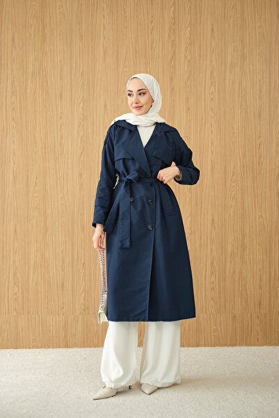 LOCCO Kadın Omuz Düğme Detay Kruvaze Yaka Midi Boy Trenç Lacivert