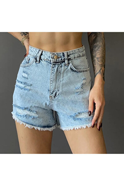 kleshus Btl Ice Blue Snow Wash Σκισμένο τζιν σορτς Νέο-1
