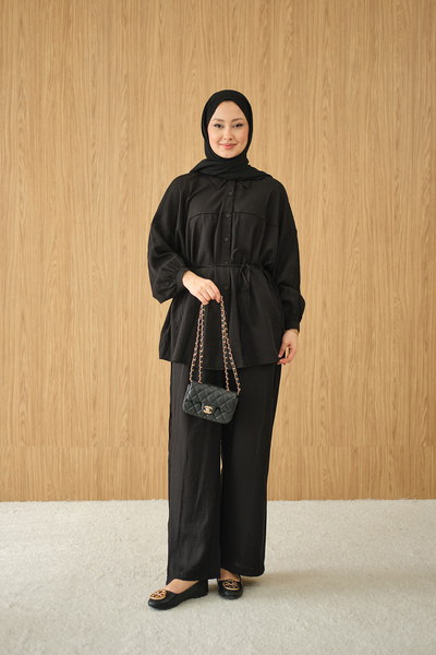 LOCCO Γυναικείο Σετ Πουκάμισο με Ζάρες και Δέσιμο στη Μέση, Μαύρο