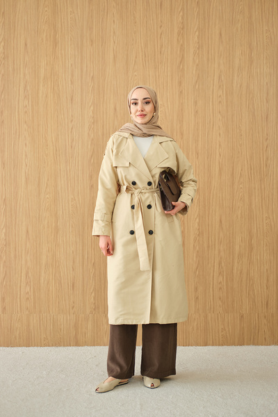 LOCCO Γυναικεία κρέμα με λεπτομέρεια στον ώμο, με διπλό γιακά, μήκους midi