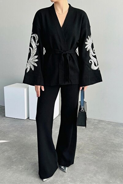 NLT Kadın Oversize Kol ve Sırt Nakışlı Pantolon ve Kimono Takım