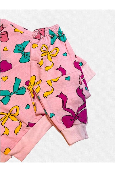 Fil Kids Girls' Cotton Fabric Pink Color Ribbon Heart Pattern Long Sleeve Winter Pajamas Set
