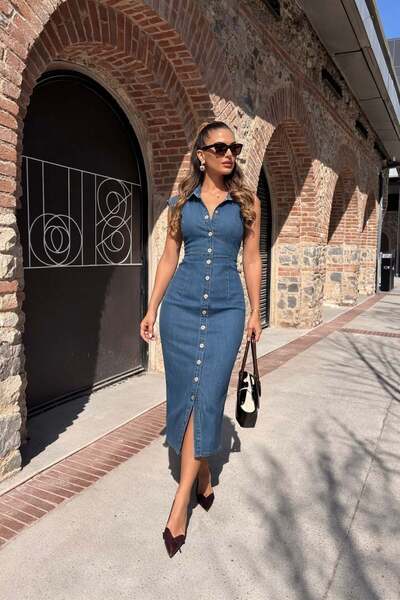 Mine Tan Butik Γυναικείο τζιν φόρεμα με λεπτομέρεια στη μέση - Μπλε