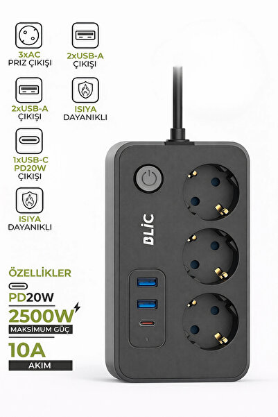 Blackbird Game Center Blic Ftr-02 Akım Korumalı 3Lü Grup Priz - 2500W, 20W PD...