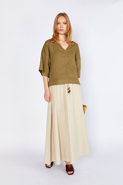 CGA Γυναικεία Λινή Μπλούζα Χακί Λινή Μπλούζα