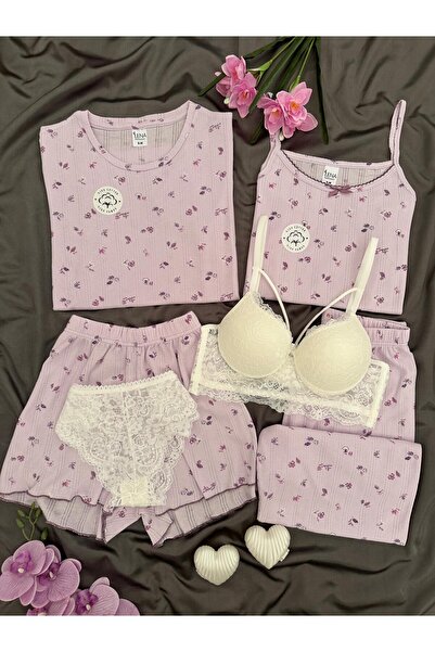 Lena Homewears Γυναικείο σετ πιτζάμες 6 τεμαχίων με εσώρουχα, 100% βαμβάκι, π...