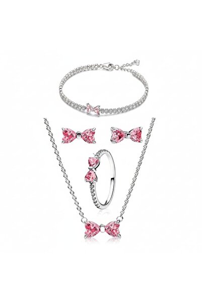 Belora Pink Bow Sterling Silver Set - Earrings & Pendant