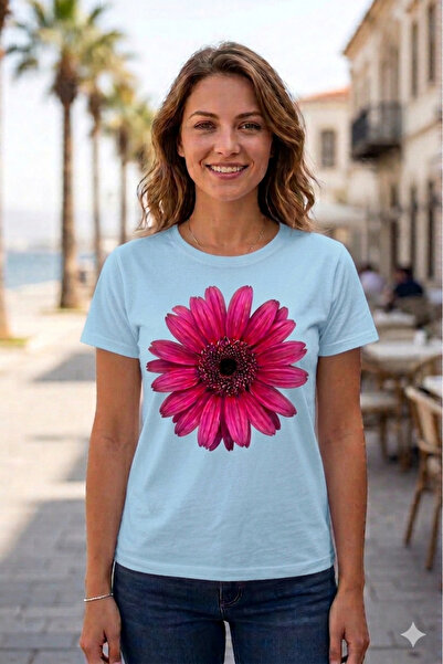 VODEXA Tricou oversize pentru femei RED DAISY imprimat 100% bumbac, croială c...