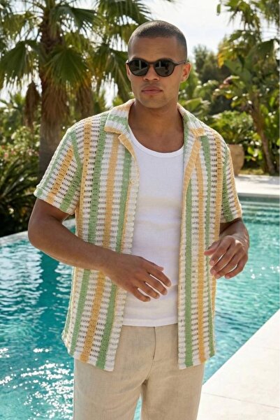 MADZEYMODA Men's Jacquard Green-Yellow Short Sleeve Knitwear Shirt Ls-19229