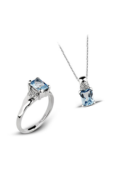 Kuyumcudukkani Baget Kesim Zirkon Taşlı Tektaş Yüzük Kolye Seti-24113-W-BLU