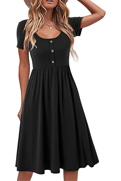Beluring Rochie neagră casual, vaporoasă, pentru purtare zilnică, cu mâneci s...