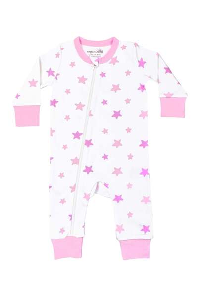 OrganicKid Pink Star Kız Bebek Fermuarlı Tulum
