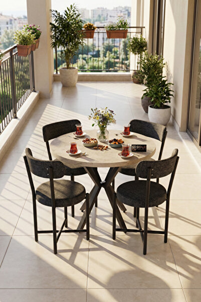 GOLDFALEZ Mutfak Masası 4 Sandalyeli Set 90 Çap Yuvarlak Cafe Balkon Ofis Mas...