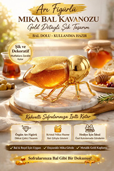 DİVAYS Mica Honey Jar with Bee Figure and Spoon, Stylish Design with Gold Detail