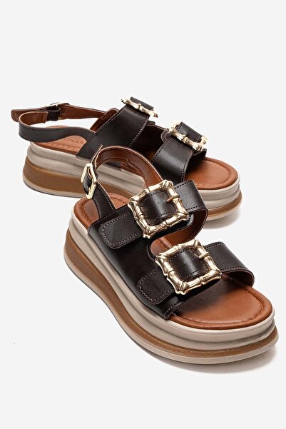 CCWAY AYAKKABI Γυναικεία χρυσά σανδάλια με αγκράφα ΚΑΦΕ