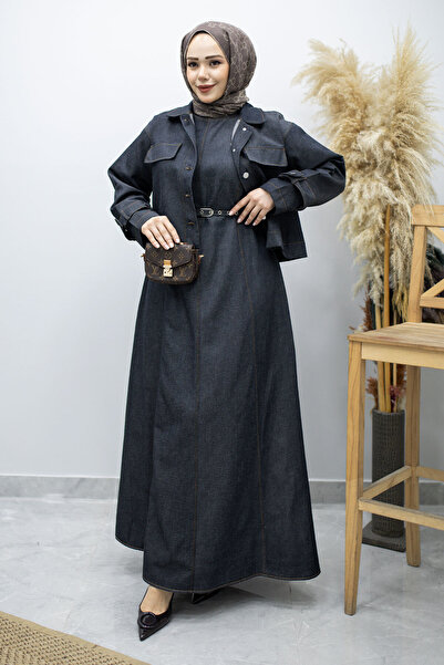 Tesettür Dünyası Τζιν Φόρεμα με Ζώνη και Μπουφάν TSD260164 Σκούρο Μπλε