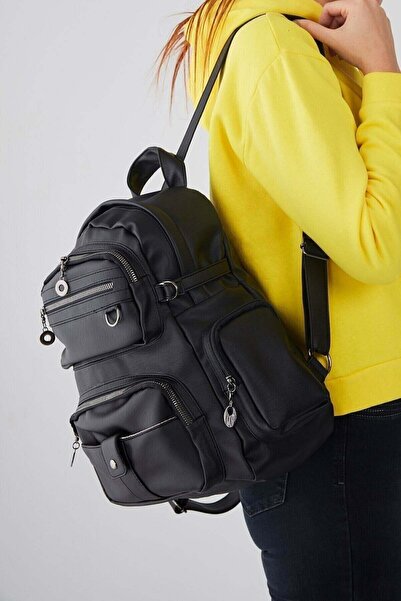Köstebek Black Multi-Eye Washed Leather Backpack