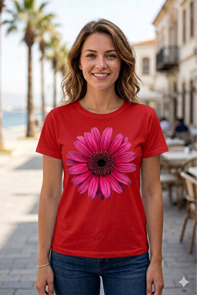 VODEXA Tricou oversize pentru femei RED DAISY imprimat 100% bumbac, croială c...
