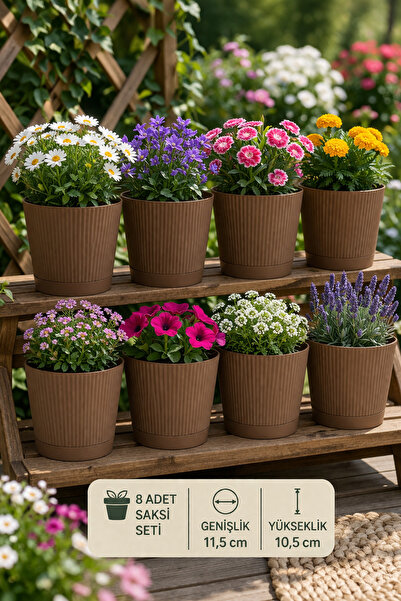 8 Pieces Plastic Striped Flower Pot 0,75Lt 11,5x10,5cm Drained AH205