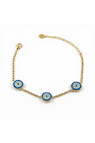 Cesicey Women's Steel Triple Zircon Stone Evil Eye Bead Bracelet Gold Color