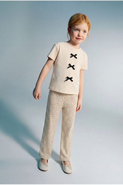 Magu Girl's Cotton Cream Black Bow Detailed T-Shirt and Pants Set