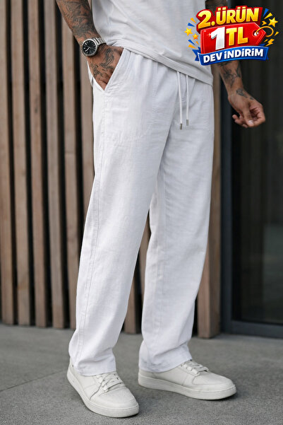 DAMGA JEANS Ανδρικό λινό παντελόνι Premium Jogger Relax Fit σε λευκό χρώμα