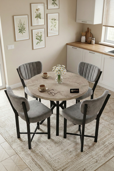 GOLDFALEZ Mutfak Masası 4 Sandalyeli Set 90 Çap Yuvarlak Cafe Balkon Ofis Mas...