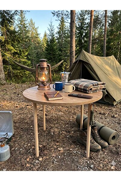 HESA Yuvarlak kamp masası 60cm x 45cm ahşap ayaklı atlantik çam desenli
