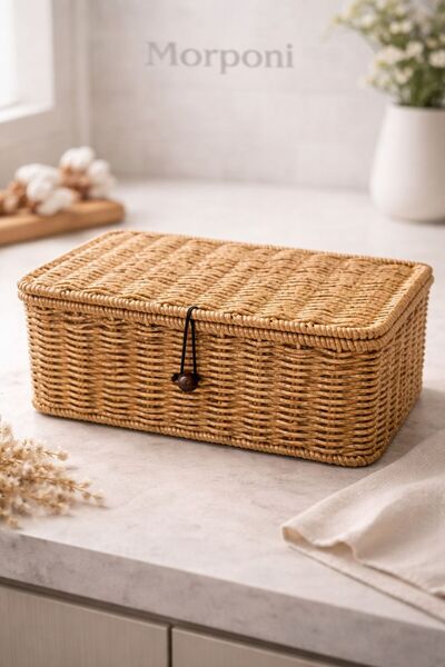morponi Καλάθι οργάνωσης με καπάκι από ρατάν Φυσικό ορθογώνιο οργανωτή ρατάν ...
