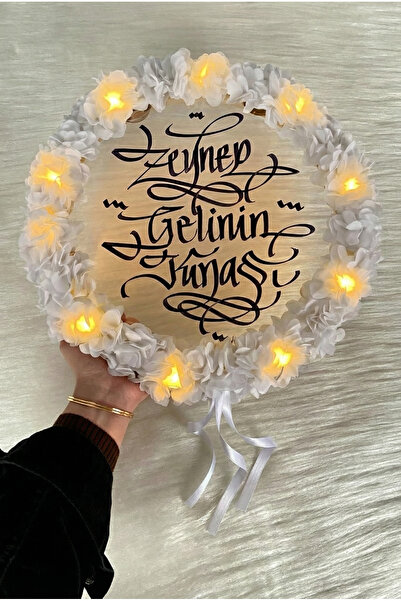 ZEYMERADE Beyaz Ledli Şeffaf Gelin Tefi 32cm, 3d Çiçek Süslemeli, Düğün Sünne...