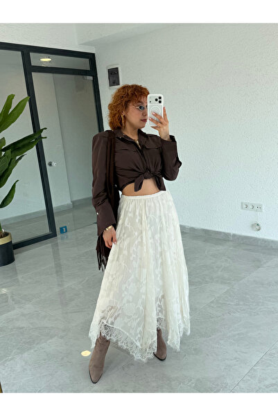 Bak'ap Μακριά φούστα μποέμ με ασύμμετρη κοπή και ανάγλυφη δαντέλα με λεπτομέρ...