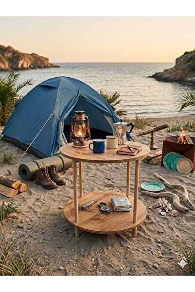 HESA Yuvarlak Çift Katlı kamp masası Atlantik çam desenli Ahşap Ayaklı 30cm x...