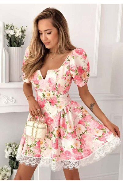ADAMODA.RO Κοντό φόρεμα με φλοράλ σχέδιο και δαντελένια διακόσμηση