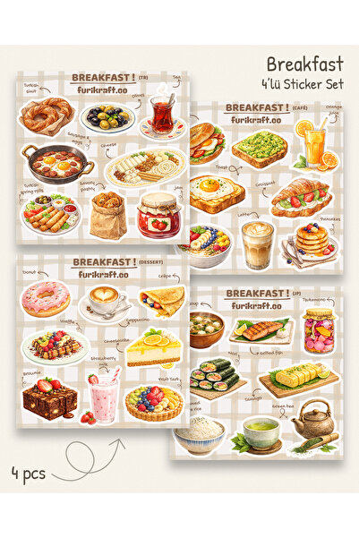 furikraft.co Breakfast Kahvaltı Sticker Seti (4'lü)– Laptop Sticker, Defter S...