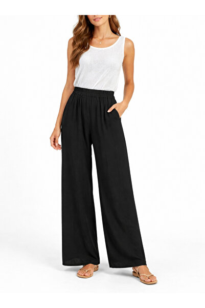 Yena Tekstil Women's Black Şile Fabric Wide Leg Elastic Pants