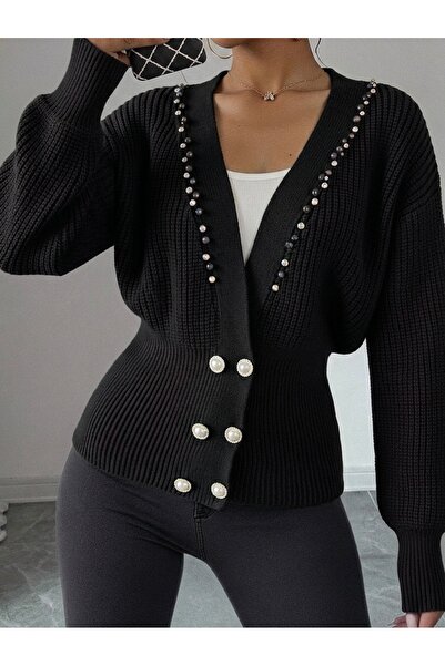NLT Women's Double Row Button Detailed Stone Decorated V-Neck Knitwear Cardigan