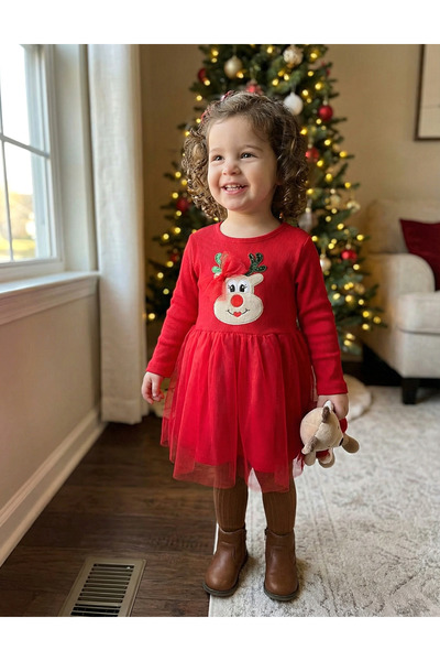 MiniKids Χαριτωμένο Χριστουγεννιάτικο φόρεμα με τάρανδο, κόκκινο σχέδιο