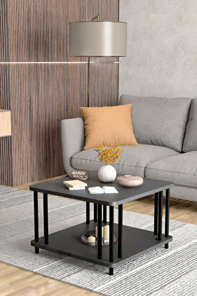 BARIN DESIGN Modern Kare Orta Sehpa Çift Katlı Siyah Metal Ayaklı Salon, Ofis...