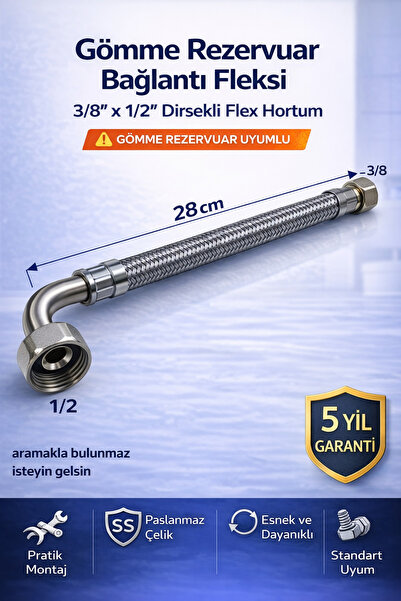 DESIPHON Gömme Rezervuar Fleks Hortum Dirsekli 3/8 x 1/2 Çelik Örgülü Bağlant...