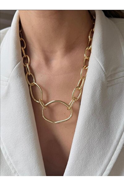 ZS Aksesuar Gold Plated Large Ring Chain Necklace – Modern Design Thick Chain...