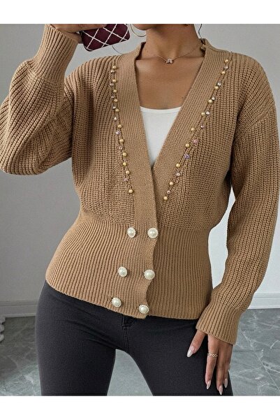 NLT Women's Double Row Button Detailed Stone Decorated V-Neck Knitwear Cardigan