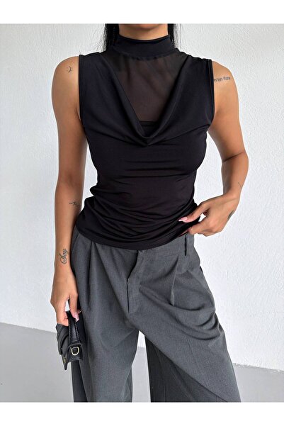 QUTTA Γυναικεία μαύρη μπλούζα από ύφασμα Sandy με τούλι στο μπροστινό μέρος, ...