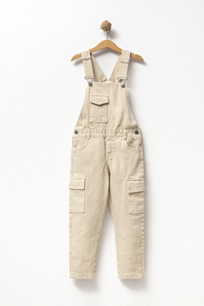 BABYİLAY Unisex Ham Denim Kargo Cepli Bej Çocuk Salopet - Doğal Dokulu Gabard...